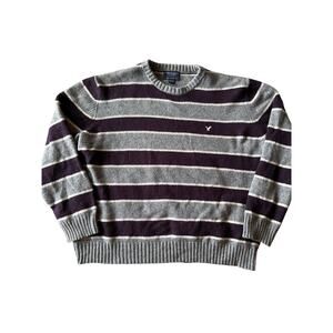 Y2K American Eagle Maroon Gray White Horizontal Striped XXL Knit Sweater